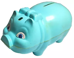 Vintage Westland Kunststoff Sparschwein Zelluloid blau USA kitschig 50er Jahre Hut fehlt - Bild 1 von 8