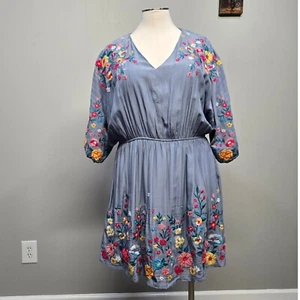Savanna Jane Minikleid Übergröße 3X Boho Landhaus Blumen Stickerei Blau Blouson - Bild 1 von 9