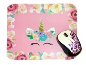 MAUSPAD: Blumenmuster rosa blinkendes Einhorn, Mädchen süßes Computer Mousepad NEU! - Bild 1 von 8