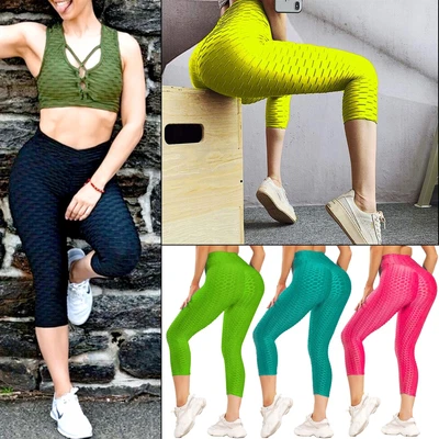 CRAZY GIRL LTD Leggings Donna A nido d'Ape Anticellulite 3/4 Pantaloni Donna Vita Alta Yoga
