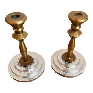 VINTAGE ART DECO BRASS AND SILVER CANDLESTICK HOLDERS - Picture 1 of 11