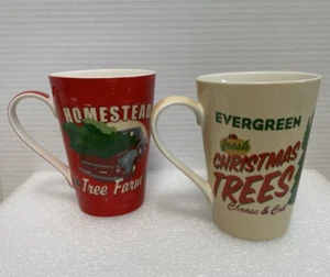 Phoenix Creative Co-Op Mug Christmas Tree Farm Coffee Cup Set of 2 Vintage Style - Picture 1 of 12