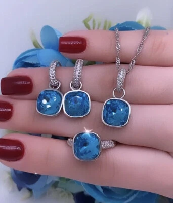 Aquamarine Ring 925 ECHT SILBER Aquamarin Quarz Ring Gr 55 - Bild 1 von 3