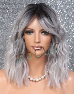 Human hair blend Full Lace Front Wig w. Bangs Wavy Natural Grey Mixed JSAV Gray
