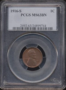 1916-S Lincoln centesimo di grano PCGS MS 63 BN - Foto 1 di 2