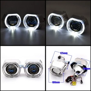 Square LED Angel Eyes Etching Blue Lens Bi-xenon Honeycomb Projector Headlight - Picture 1 of 5