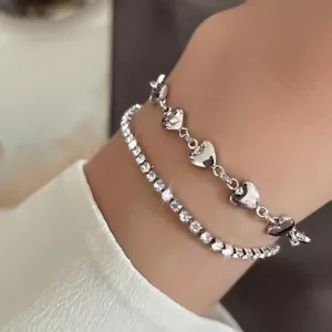 Doppellagiges Vollstein Herz Armband 925 Sterlingsilber Damen Mädchen Geschenk UK - Bild 1 von 5