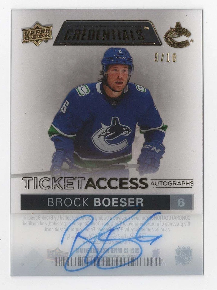 2021-22 UD Credentials Ticket Access Autograph Auto Acetate Brock Boeser 9/10 - Image 1 of 1