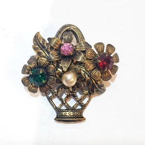 Vintage Messing Ton und Strass Kunstperlen Blumen Korb Brosche Anstecknadel 1,25 Zoll - Bild 1 von 3