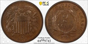 Choice AU 1871 US 2c Two Cent Piece. PCGS AU58. Shield label. - Picture 1 of 14
