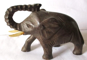 Hand Carved Dark Wood Wooden Elephant Statue Cream Tusk 3" by 4" - Picture 1 of 3