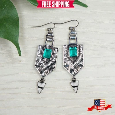 Brincos vintage art déco prata e verde asteca boho declaração, fios de platina - Imagem 1 de 4