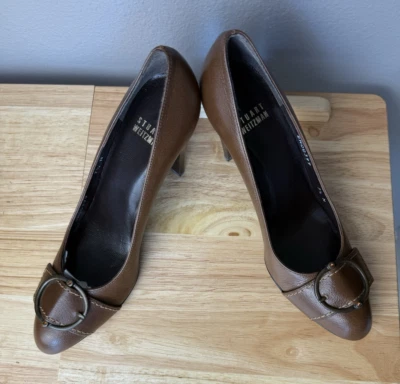 Stuart Weitzman Brown Leather Buckle 3.5" Womens Heels Pumps Size 7.5 - Image 1 of 4