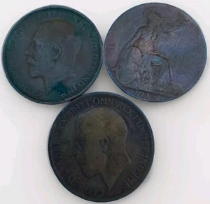 1911 1912 & 1919 UK Large Bronze Penny Lot-VG/Fine-9.45 Grams 30.8 MM KM# 810 - Picture 1 of 7