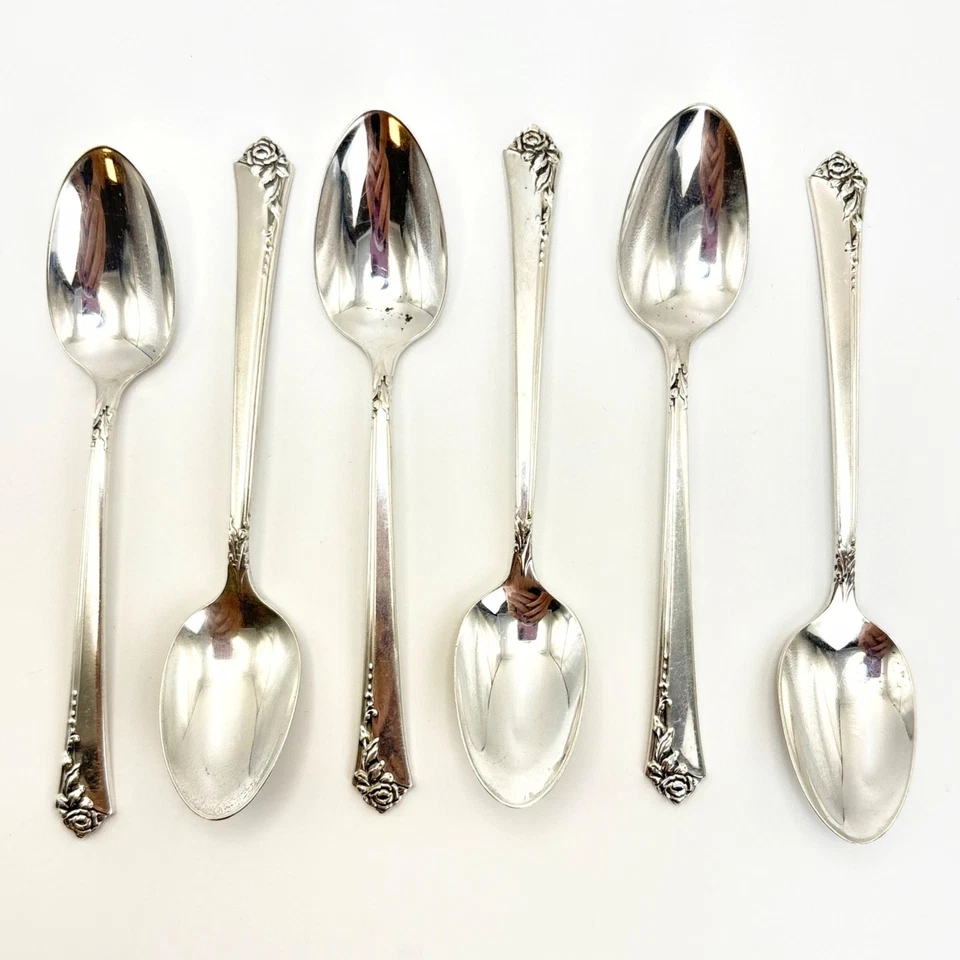 复古锦缎玫瑰 Oneida 传家宝纯银茶匙 4 英寸长 — 第 1/4 张图片