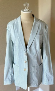 PIAZZA SEMPIONE WOMENS Spring Stripe Pockets Preppy Stretch Blazer 46 10 Blue - Picture 1 of 12