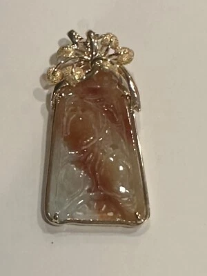 14K Gold Natural Orange and White Jade Carved Necklace Pendant Floral Design - Image 1 of 4