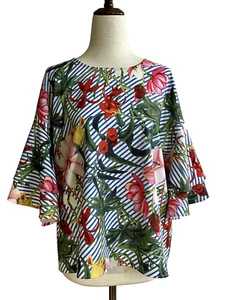 Vadim Women's Blouse Bell blue Stripe Floral Size Large. - Picture 1 of 15
