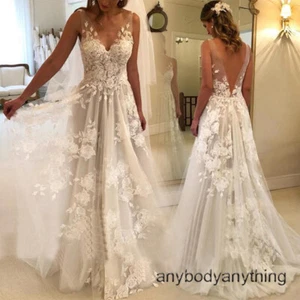 Boho Wedding Dress Bridal V-Neck Backless Lace Applique A Line Sheer Ball Gown - Picture 1 of 9