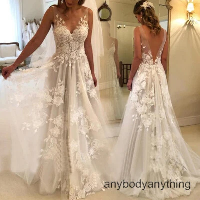 Boho Wedding Dress Bridal V-Neck Backless Lace Applique A Line Sheer Ball Gown - Image 1 of 4
