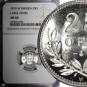 SWEDEN Gustaf V Silver 1910 W 25 Ore LARGE CROSS NGC MS64 KM# 785 (8) - Picture 1 of 5
