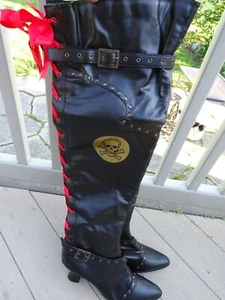 Ellie Mid Heel Knee High Pirate Costume Boots Red Lace Up Studs Skull Womens 10 - Picture 1 of 10