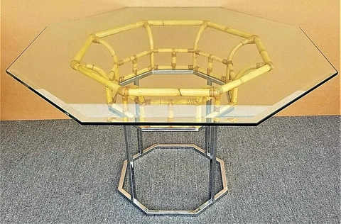 Vintage MCM Milo Baughman Style Chrome Bamboo Rattan Glass Dining Gaming Table Cover