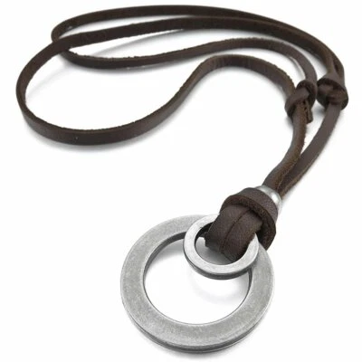 Hombres Punk Doble Anillo Colgante Cuero Marrón Collar Cuerda Cordón Cadena Ajustable Foto 1 de 4