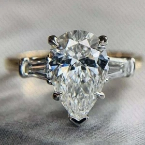 3CT Pear Cut VVS1 Moissanite 3 Stone Engagement Ring Solid 14K Multi-Tone Gold - Picture 1 of 9