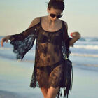 Women Off Shoulder Long Sleeve Lace Sheer Bikini Cover Up Swimsuit Cover Dress