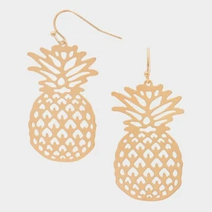 ~NEW~ Gold Tone Metal Hollow Cut Out Tropical Pineapple Fruit Dangle Earrings - Picture 1 of 1