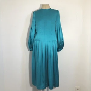 Vintage LUXE SILK Balloon Sleeve Mod Blue Teal Dress Work Wear Formal Small EUC - Picture 1 of 8