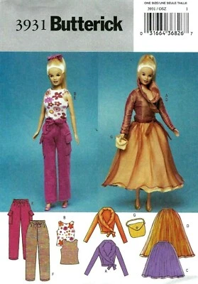 2003 Barbie 11-1/2" Fashion Doll Clothes Sewing Pattern Butterick 3931 New OOP - Image 1 of 2