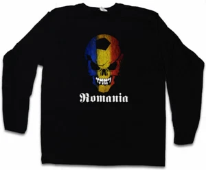BLACK CLASSIC ROMANIA FOOTBALL SKULL FLAG LANGARM T-SHIRT Fan Hooligan - Picture 1 of 1