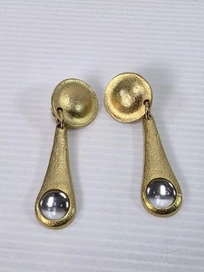 Vintage 80s Brushed Metal Drop Earrings - Picture 1 of 4