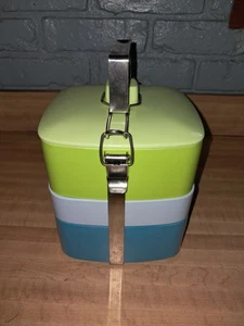 Vintage Brand Melamine Bento Tiffin Lunch Box Stacking Handle blue / green - Picture 1 of 13