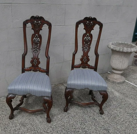 Pair Antique Renaissance Revival Style Carved High Back Chairs Cover