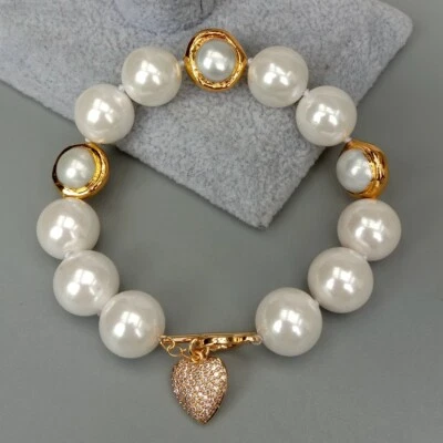 Pulsera galvanizada de perlas blancas cultivadas Sea Shell para mujer joyería Foto 1 de 4