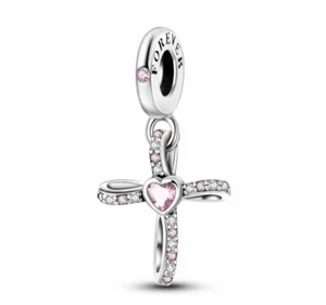 💖 Charm Anhänger Silber KREUZ ROSA Zirkonia für Pandora Armband Halskette 💖 - Bild 1 von 8