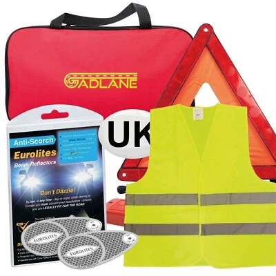 GADLANE 4 Pc Car Travel European Driving Kit Headlamp Triangle UK Plate France