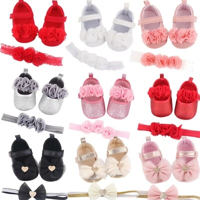 婴幼儿 女婴 花 Prewalker 公主鞋 头带套装 平底 柔软 凉鞋 — 第 1/4 张图片