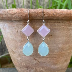 925 Sterling Silver Pink And White Chalcedony Hanging Dangle Hoop Bezel Earring - Foto 1 di 7