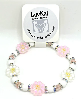 8" Pink & White Lampwork Glass DAISY Flowers Beaded Stretch Bracelet - Image 1 of 4