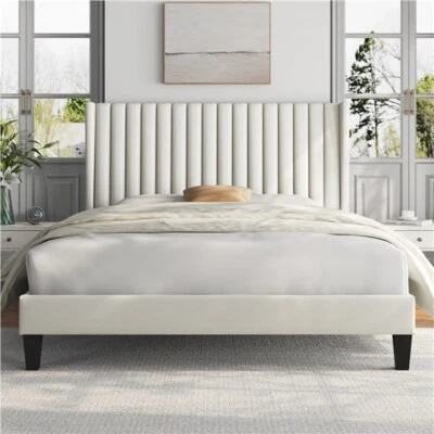 TOPEAKMART King/Queen Upholstered Bed Frame with Wing Side, No Box Spring Needed, Beige