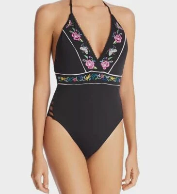 Maiô feminino Nanette Lepore bordado floral preto peça única US$ 175 tamanho 2 - Imagem 1 de 2
