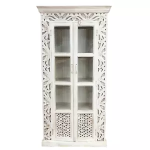 SALEM INDIAN ARTISAN HANDCRAFTED DISPLAY CABINET 2 DOORS WHITEWASHED DISTRESSED - Picture 1 of 2