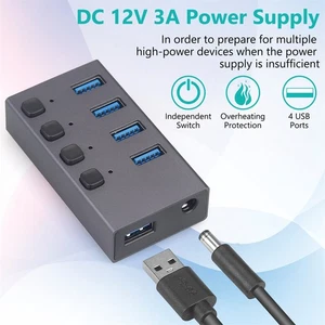 Gray 4 Port USB 3.0 Multi Hub High Speed Splitter For Desktop Laptop PC - Afbeelding 1 van 8