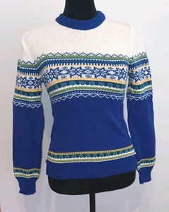VTG Colin St Marx Fair Isle Sweater Blue Winter Floral Sz Medium 1980s with Tags - Picture 1 of 7