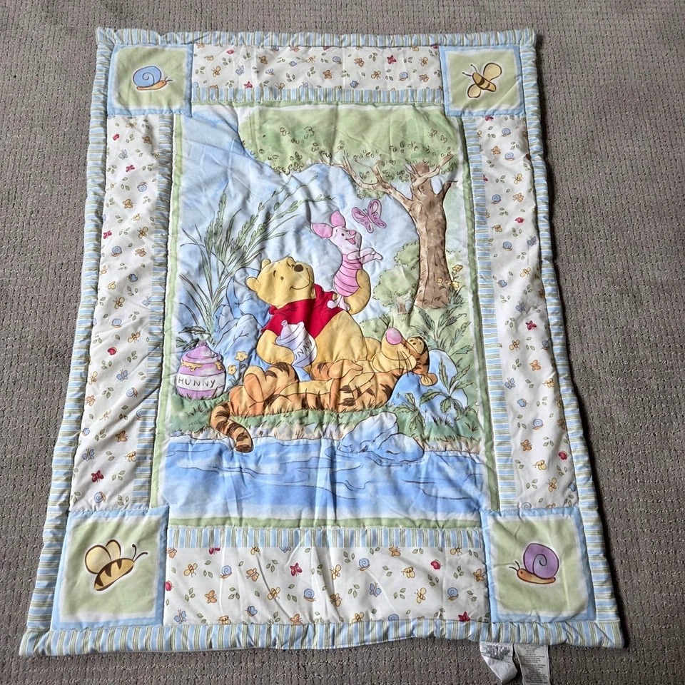 Vintage Winnie the Pooh Quilt Cream Green Pooh Tigger Piglet Blanket 44X34 - Image 1 of 4