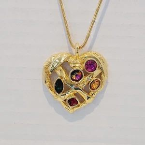 Vintage Heart Pendant Glass Multi Color Stones Goldtone Chain Necklace 36" - Picture 1 of 10